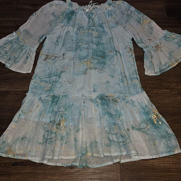 Debbie Katz Nalai Tunic Aqua Metallic Block Print Midi Dress Sz M Cottagecore - Picture 10 of 16